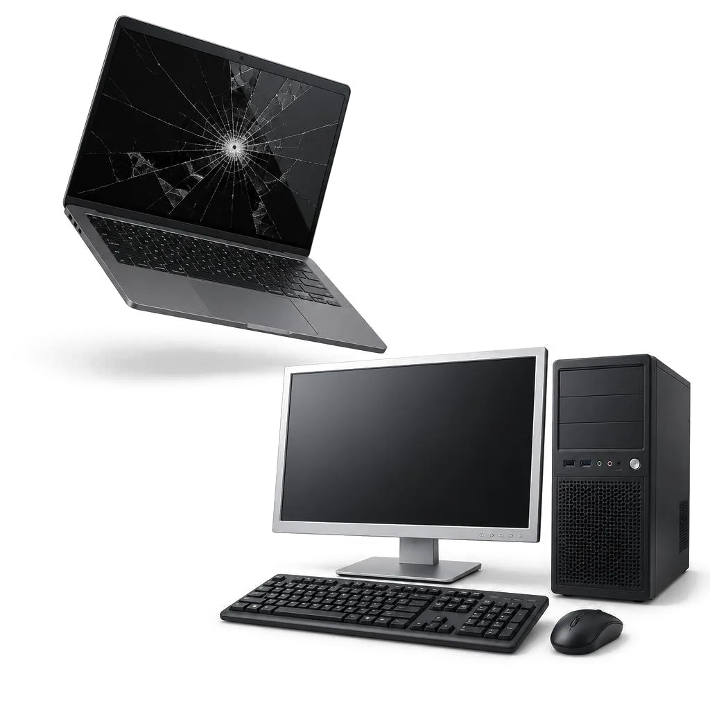 Laptop with a cracked screen and a desktop computer ready for service at AZ Tech Services in Ashburn
