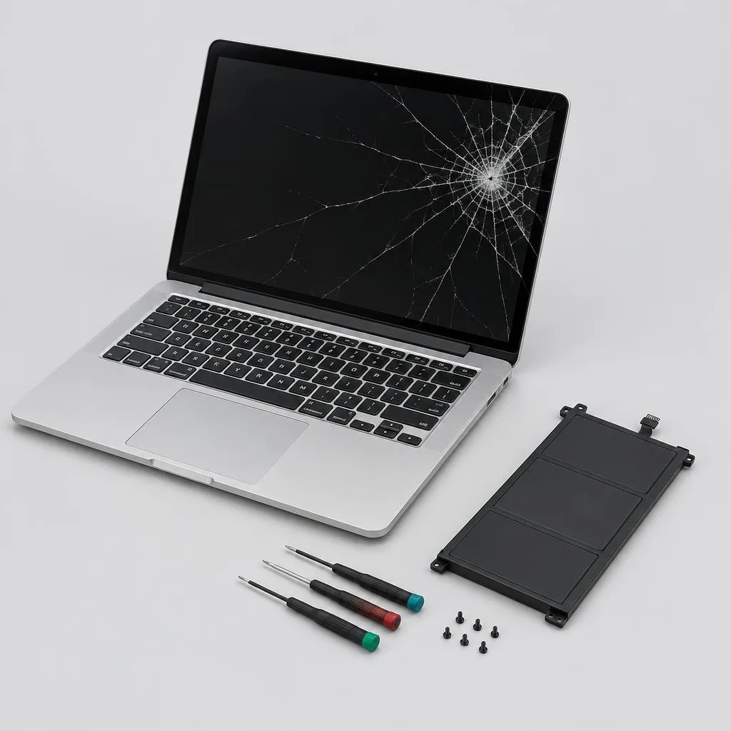 Laptop with a cracked screen and battery ready for service at AZ Tech Services in Ashburn