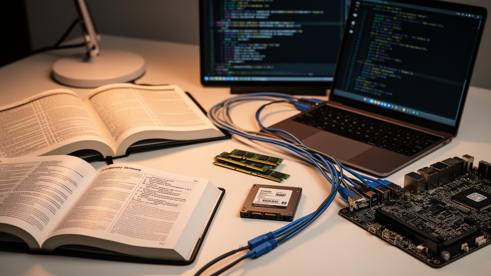 IT glossary reference books, computer hardware components, and networking equipment on a professional desk