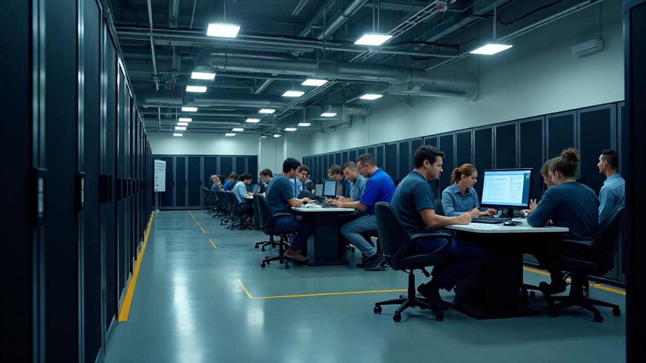 Data center technician training classroom with students learning hands-on skills with server equipment