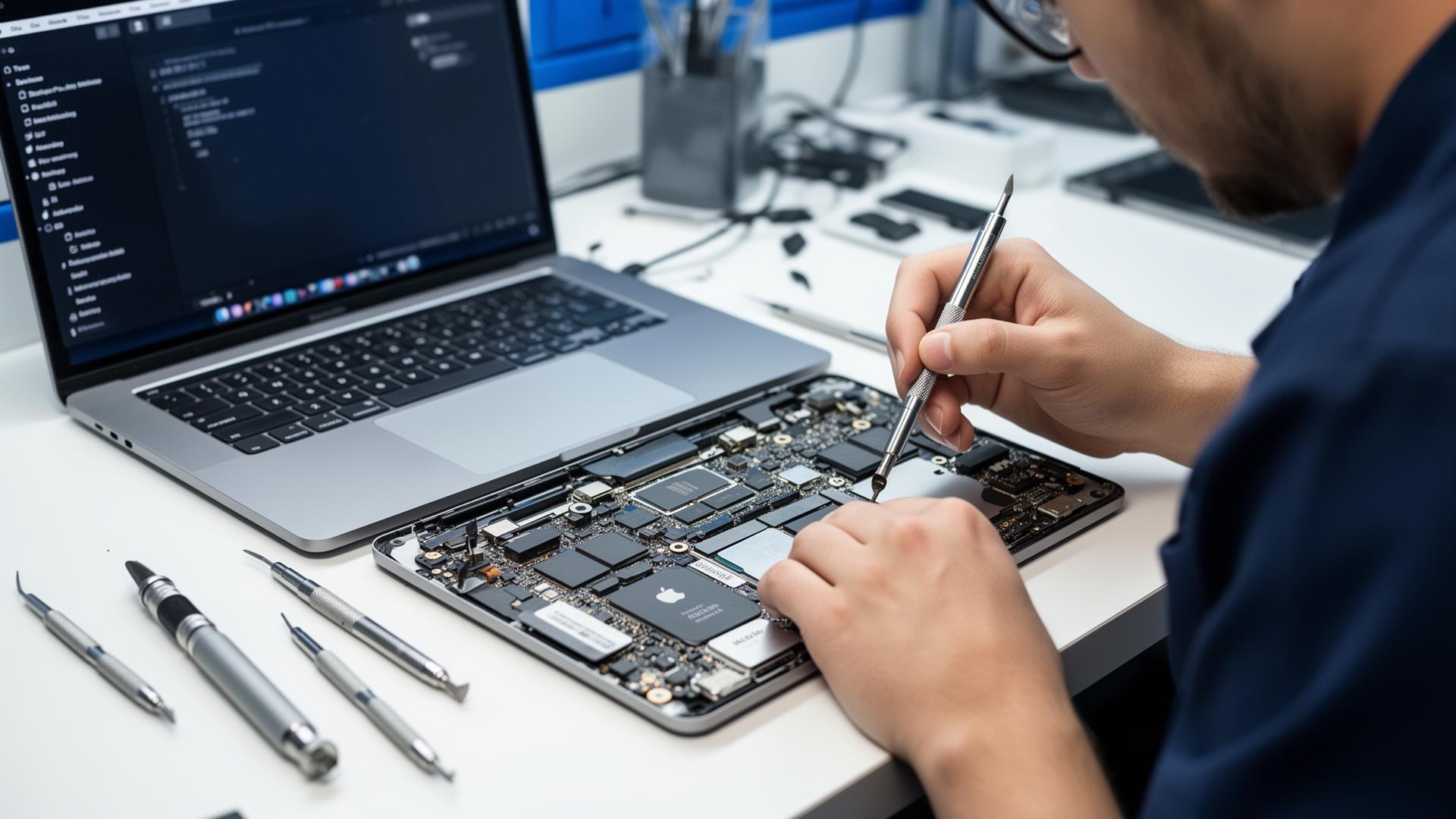 Technician repairing a MacBook Pro logic board at AZ Tech Services in Ashburn, VA